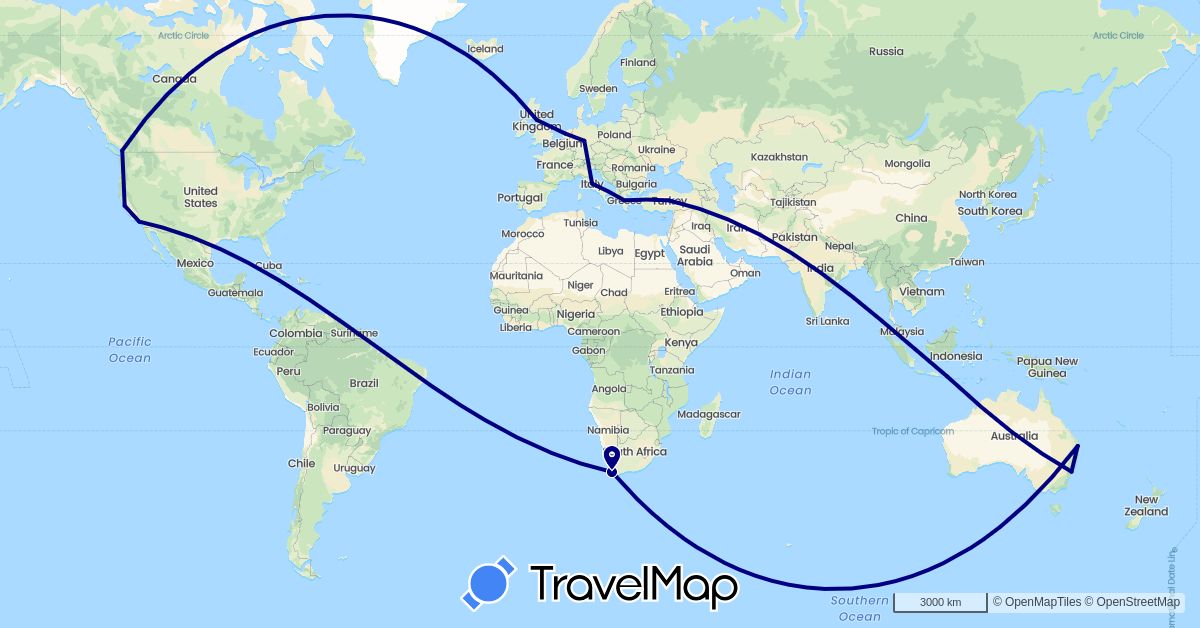 TravelMap itinerary: driving in Australia, Canada, Germany, United Kingdom, Greece, Indonesia, Italy, Netherlands, Turkey, United States, South Africa (Africa, Asia, Europe, North America, Oceania)